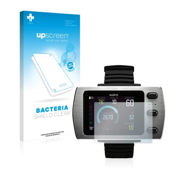 Parte frontale di una confezione del prodotto con il logo del marchio upscreen. Accanto è raffigurato il dispositivo Suunto Eo