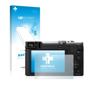 Parte frontale di una confezione del prodotto con il logo del marchio upscreen. Accanto è raffigurato il dispositivo Panasonic