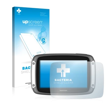 Parte frontale di una confezione del prodotto con il logo del marchio upscreen. Accanto è raffigurato il dispositivo TomTom Ri