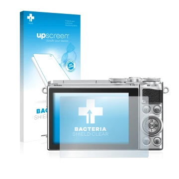 Parte frontale di una confezione del prodotto con il logo del marchio upscreen. Accanto è raffigurato il dispositivo Nikon 1 J