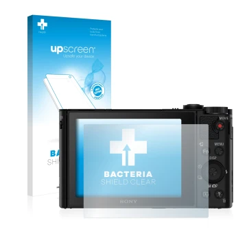 Parte frontale di una confezione del prodotto con il logo del marchio upscreen. Accanto è raffigurato il dispositivo Sony Cybe