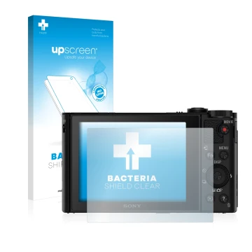 Parte frontale di una confezione del prodotto con il logo del marchio upscreen. Accanto è raffigurato il dispositivo Sony Cybe