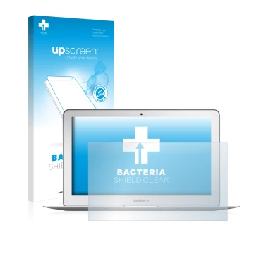 Parte frontale di una confezione del prodotto con il logo del marchio upscreen. Accanto è raffigurato il dispositivo Apple Mac