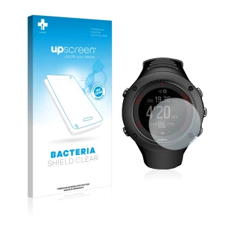 Parte frontale di una confezione del prodotto con il logo del marchio upscreen. Accanto è raffigurato il dispositivo Suunto Am