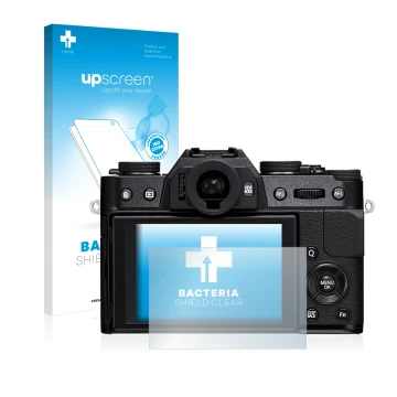 Parte frontale di una confezione del prodotto con il logo del marchio upscreen. Accanto è raffigurato il dispositivo Fujifilm 