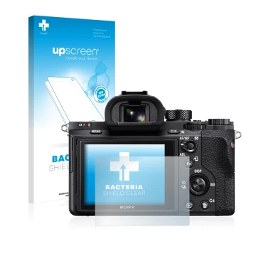 Parte frontale di una confezione del prodotto con il logo del marchio upscreen. Accanto è raffigurato il dispositivo Sony Alph