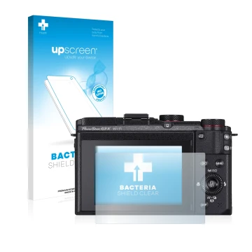 Parte frontale di una confezione del prodotto con il logo del marchio upscreen. Accanto è raffigurato il dispositivo Canon Pow