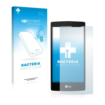 Parte frontale di una confezione del prodotto con il logo del marchio upscreen. Accanto è raffigurato il dispositivo LG Logos 