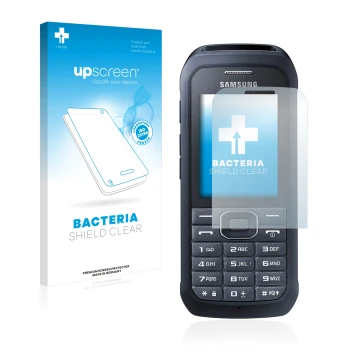Parte frontale di una confezione del prodotto con il logo del marchio upscreen. Accanto è raffigurato il dispositivo Samsung X