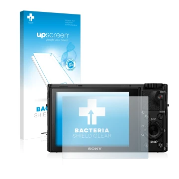 Parte frontale di una confezione del prodotto con il logo del marchio upscreen. Accanto è raffigurato il dispositivo Sony Cybe
