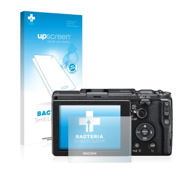 Parte frontale di una confezione del prodotto con il logo del marchio upscreen. Accanto è raffigurato il dispositivo Ricoh GR 