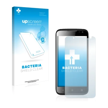 Parte frontale di una confezione del prodotto con il logo del marchio upscreen. Accanto è raffigurato il dispositivo Yezz Andy