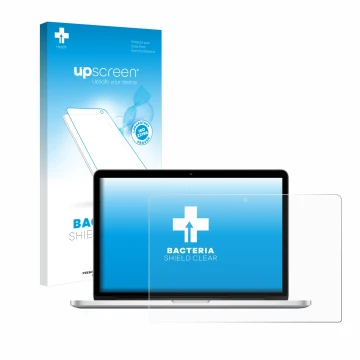 Parte frontale di una confezione del prodotto con il logo del marchio upscreen. Accanto è raffigurato il dispositivo Apple Mac