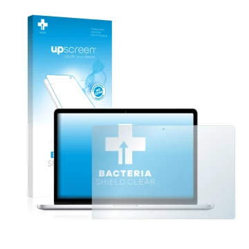Parte frontale di una confezione del prodotto con il logo del marchio upscreen. Accanto è raffigurato il dispositivo Apple Mac