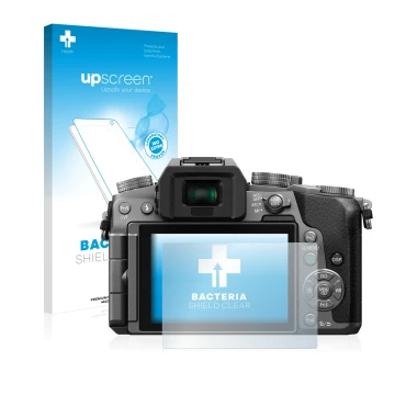 Parte frontale di una confezione del prodotto con il logo del marchio upscreen. Accanto è raffigurato il dispositivo Panasonic