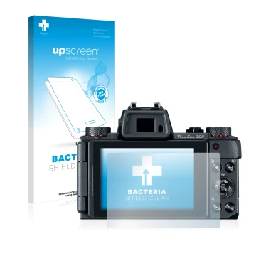 Parte frontale di una confezione del prodotto con il logo del marchio upscreen. Accanto è raffigurato il dispositivo Canon Pow