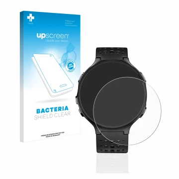 Parte frontale di una confezione del prodotto con il logo del marchio upscreen. Accanto è raffigurato il dispositivo Garmin Fo