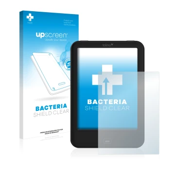 Parte frontale di una confezione del prodotto con il logo del marchio upscreen. Accanto è raffigurato il dispositivo Tolino Sh