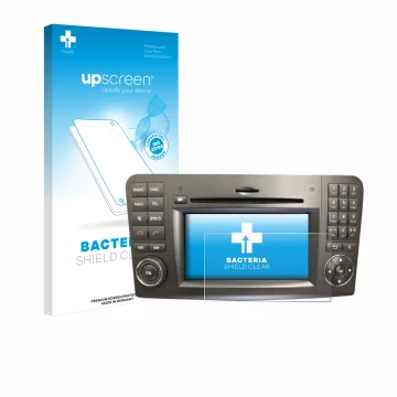 Parte frontale di una confezione del prodotto con il logo del marchio upscreen. Accanto è raffigurato il dispositivo Mercedes-