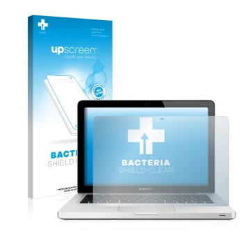 Parte frontale di una confezione del prodotto con il logo del marchio upscreen. Accanto è raffigurato il dispositivo Apple Mac