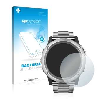 Parte frontale di una confezione del prodotto con il logo del marchio upscreen. Accanto è raffigurato il dispositivo Garmin Fe
