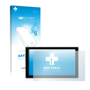 Parte frontale di una confezione del prodotto con il logo del marchio upscreen. Accanto è raffigurato il dispositivo Blaupunkt
