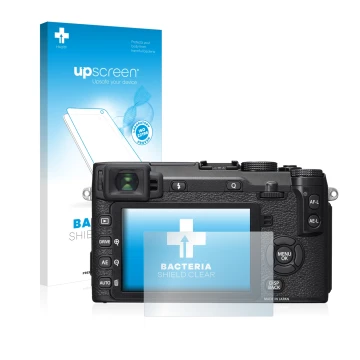 Parte frontale di una confezione del prodotto con il logo del marchio upscreen. Accanto è raffigurato il dispositivo Fujifilm 