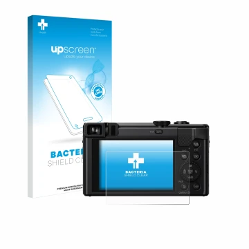 Parte frontale di una confezione del prodotto con il logo del marchio upscreen. Accanto è raffigurato il dispositivo Panasonic