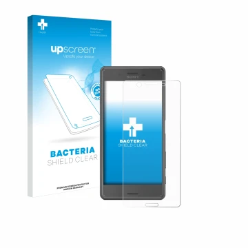 Parte frontale di una confezione del prodotto con il logo del marchio upscreen. Accanto è raffigurato il dispositivo Sony Xper