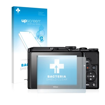 Parte frontale di una confezione del prodotto con il logo del marchio upscreen. Accanto è raffigurato il dispositivo Nikon Coo