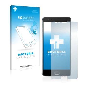 Parte frontale di una confezione del prodotto con il logo del marchio upscreen. Accanto è raffigurato il dispositivo OnePlus 3