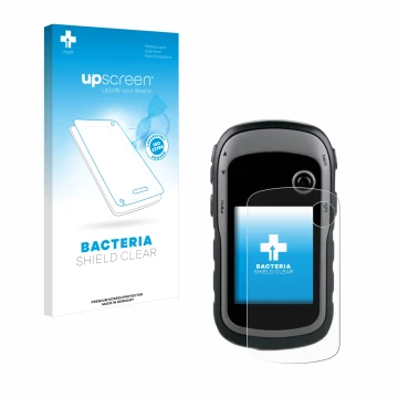 Parte frontale di una confezione del prodotto con il logo del marchio upscreen. Accanto è raffigurato il dispositivo Garmin eT