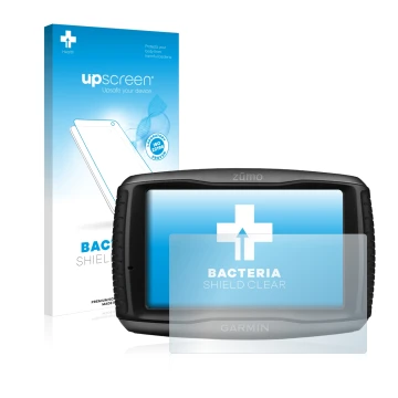Parte frontale di una confezione del prodotto con il logo del marchio upscreen. Accanto è raffigurato il dispositivo Garmin zu