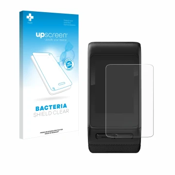 Parte frontale di una confezione del prodotto con il logo del marchio upscreen. Accanto è raffigurato il dispositivo Garmin vi