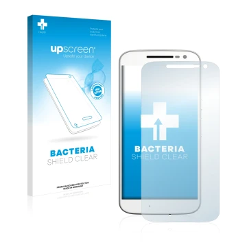 Parte frontale di una confezione del prodotto con il logo del marchio upscreen. Accanto è raffigurato il dispositivo Motorola 