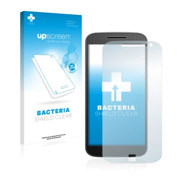 Parte frontale di una confezione del prodotto con il logo del marchio upscreen. Accanto è raffigurato il dispositivo Motorola 