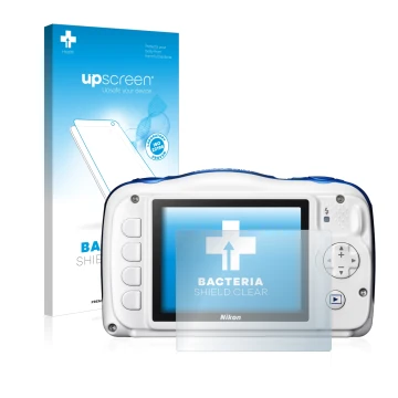 Parte frontale di una confezione del prodotto con il logo del marchio upscreen. Accanto è raffigurato il dispositivo Nikon Coo