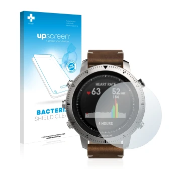 Parte frontale di una confezione del prodotto con il logo del marchio upscreen. Accanto è raffigurato il dispositivo Garmin Fe