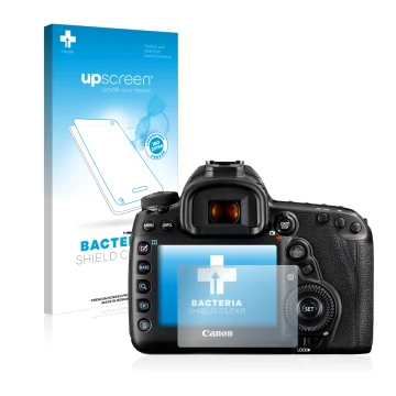 Parte frontale di una confezione del prodotto con il logo del marchio upscreen. Accanto è raffigurato il dispositivo Canon EOS