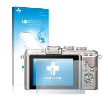 Parte frontale di una confezione del prodotto con il logo del marchio upscreen. Accanto è raffigurato il dispositivo Olympus P