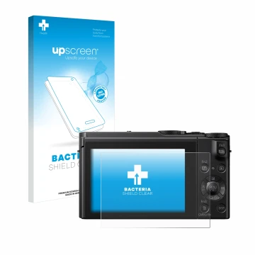Parte frontale di una confezione del prodotto con il logo del marchio upscreen. Accanto è raffigurato il dispositivo Panasonic