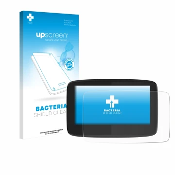 Parte frontale di una confezione del prodotto con il logo del marchio upscreen. Accanto è raffigurato il dispositivo TomTom GO