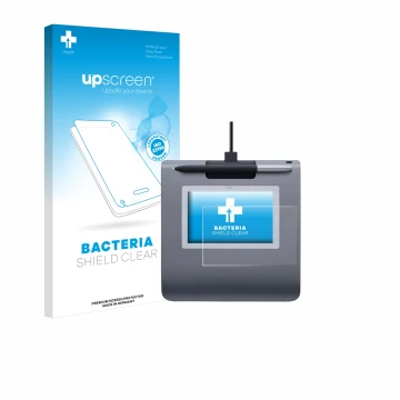 Parte frontale di una confezione del prodotto con il logo del marchio upscreen. Accanto è raffigurato il dispositivo Wacom STU