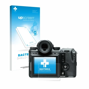 Parte frontale di una confezione del prodotto con il logo del marchio upscreen. Accanto è raffigurato il dispositivo Fujifilm 