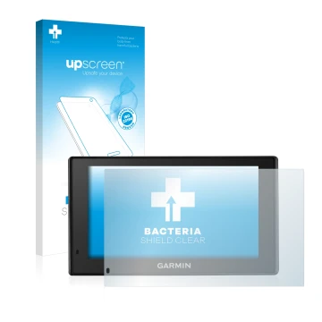 Parte frontale di una confezione del prodotto con il logo del marchio upscreen. Accanto è raffigurato il dispositivo Garmin Dr