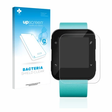 Parte frontale di una confezione del prodotto con il logo del marchio upscreen. Accanto è raffigurato il dispositivo Garmin Fo