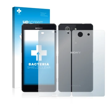 Parte frontale di una confezione del prodotto con il logo del marchio upscreen. Accanto è raffigurato il dispositivo Sony Xper