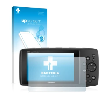 Parte frontale di una confezione del prodotto con il logo del marchio upscreen. Accanto è raffigurato il dispositivo Garmin 27