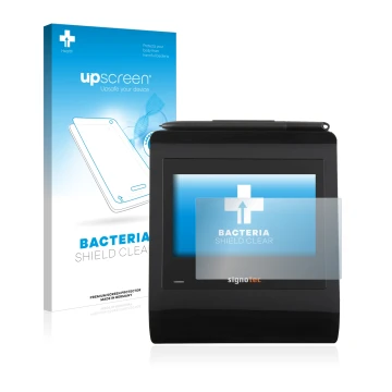 Parte frontale di una confezione del prodotto con il logo del marchio upscreen. Accanto è raffigurato il dispositivo Signotec 