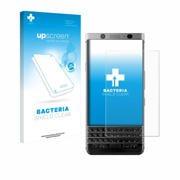 Parte frontale di una confezione del prodotto con il logo del marchio upscreen. Accanto è raffigurato il dispositivo BlackBerr
